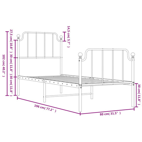 vidaXL Metal Bed Frame without Mattress with Footboard White 75x190cm