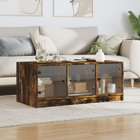 vidaXL Coffee Table with Glass Doors Smoked Oak 102x50x42 cm