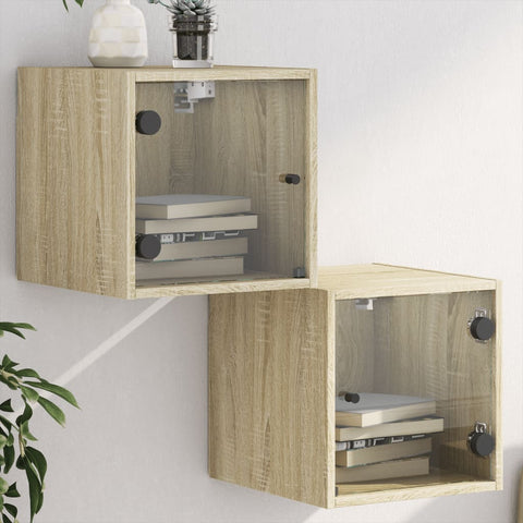 vidaXL Bedside Cabinets with Glass Doors 2 pcs Sonoma Oak 35x37x35 cm