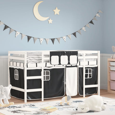 vidaXL Kids' Loft Bed with Curtains without Mattress White&Black 90x200cm