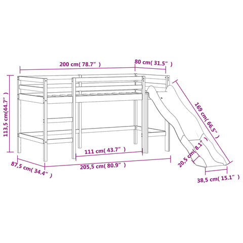 vidaXL Kids' Loft Bed without Mattress with Slide Black 80x200 cm
