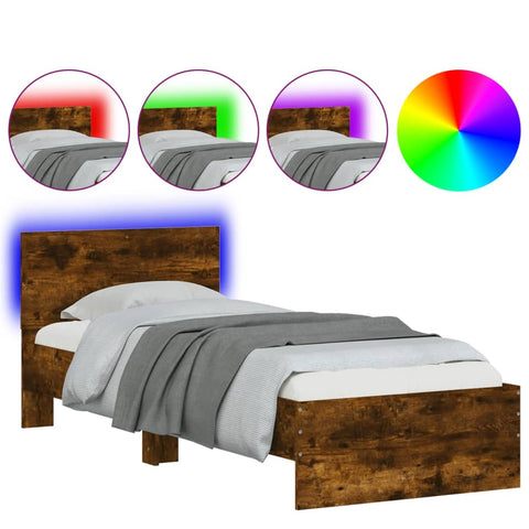 vidaXL Bed Frame without Mattress with LED Lights Smoked Oak 75x190 cm Small Single
