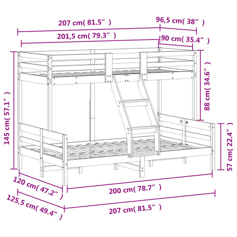 vidaXL Bunk Bed without Mattress 90x200/120x200 cm Wax Brown Solid Wood