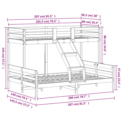 vidaXL Bunk Bed without Mattress 90x200/140x200 cm Wax Brown Solid Wood
