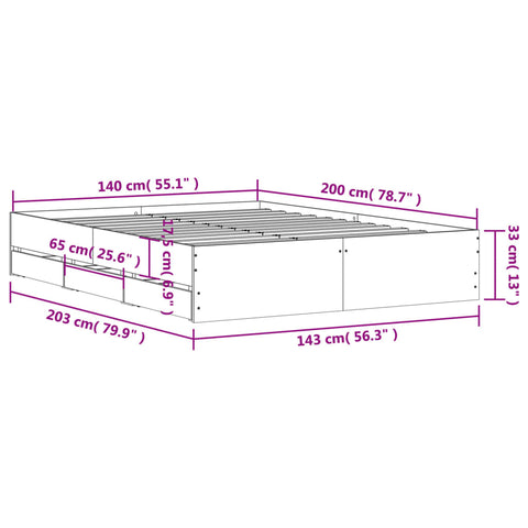 vidaXL Bed Frame with Drawers without Mattress Brown Oak 140x200 cm