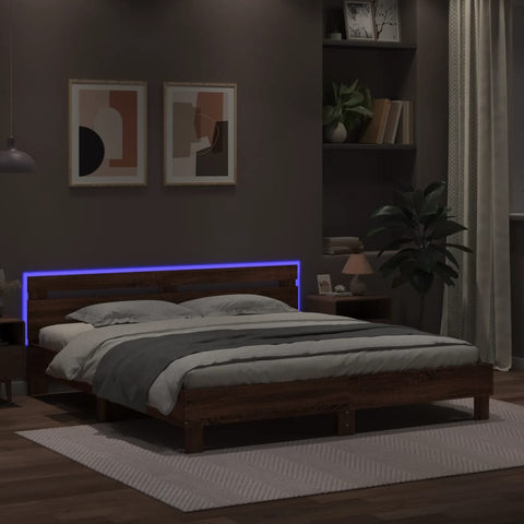 vidaXL Bed Frame with LED without Mattress Brown Oak 180x200 cm Super King