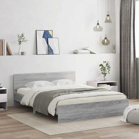 vidaXL Bed Frame with Headboard and LED Grey Sonoma 150x200 cm King Size