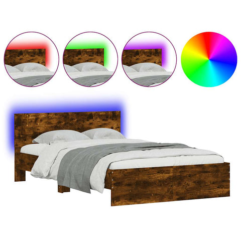 vidaXL Bed Frame with Headboard and LED Smoked Oak 140x200 cm