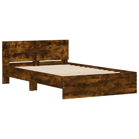 vidaXL Bed Frame with Headboard and LED Smoked Oak 140x200 cm