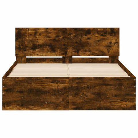 vidaXL Bed Frame with Headboard and LED Smoked Oak 140x200 cm