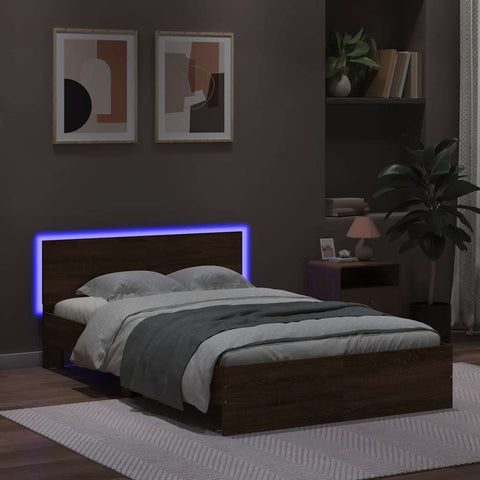 vidaXL Bed Frame with Headboard and LED Brown Oak 140x190 cm