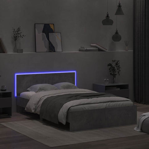 vidaXL Bed Frame with Headboard and LED Concrete Grey 135x190 cm Double