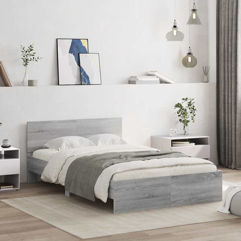 vidaXL Bed Frame with Headboard and LED Grey Sonoma 135x190 cm Double