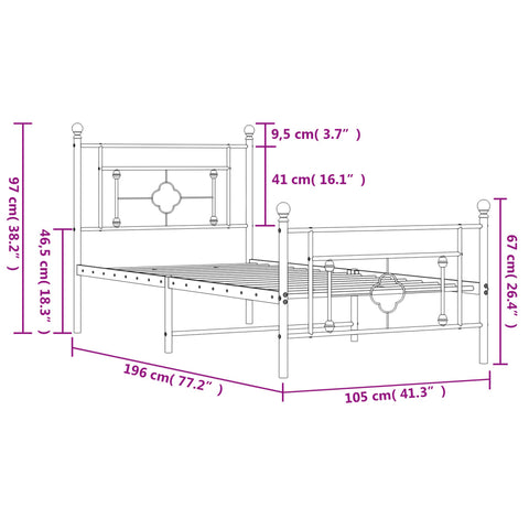 vidaXL Metal Bed Frame without Mattress with Footboard White 100x190cm