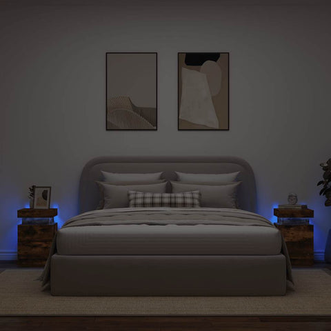 vidaXL Bedside Cabinets with LED Lights 2 pcs Smoked Oak 35x39x55 cm