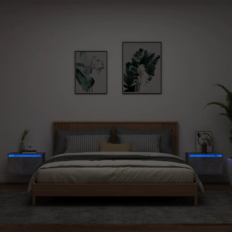 vidaXL Wall-mounted Bedside Cabinets with LED Lights 2 pcs Concrete Grey