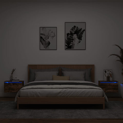 vidaXL Wall-mounted Bedside Cabinets with LED Lights 2 pcs Smoked Oak