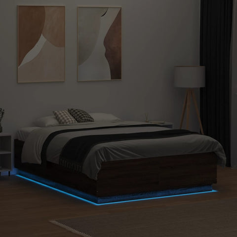 vidaXL Bed Frame with LED without Mattress Brown Oak 135x190 cm Double