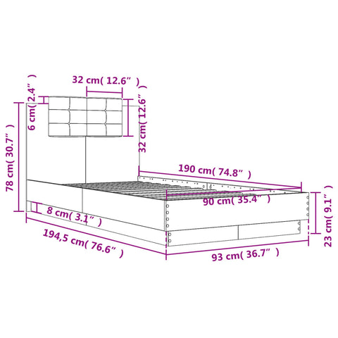 vidaXL Bed Frame without Mattress Grey Sonoma 90x190 cm Single
