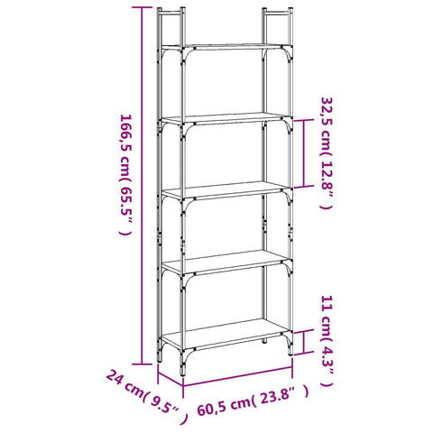 vidaXL Bookshelf 5-Tier Brown Oak 60.5x24x166.5 cm Engineered Wood