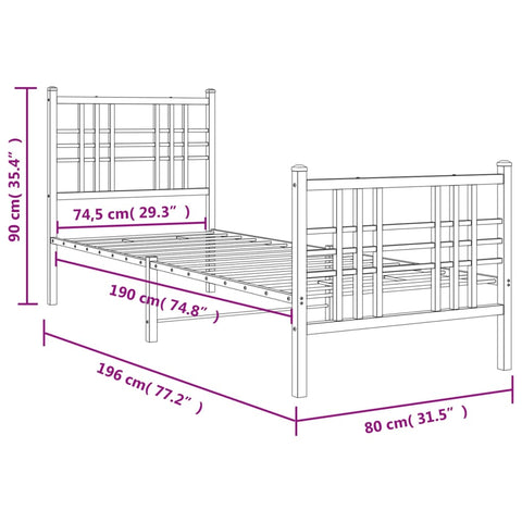 vidaXL Metal Bed Frame without Mattress with Footboard White 75x190cm