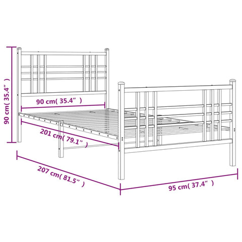 vidaXL Metal Bed Frame without Mattress with Footboard White 90x200cm