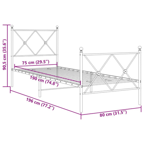 vidaXL Metal Bed Frame without Mattress with Footboard Black 75x190cm
