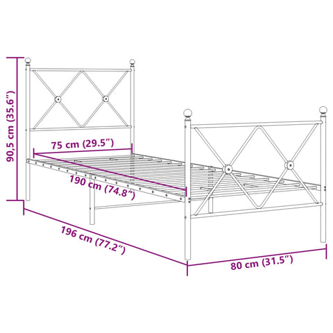vidaXL Metal Bed Frame without Mattress with Footboard White 75x190cm