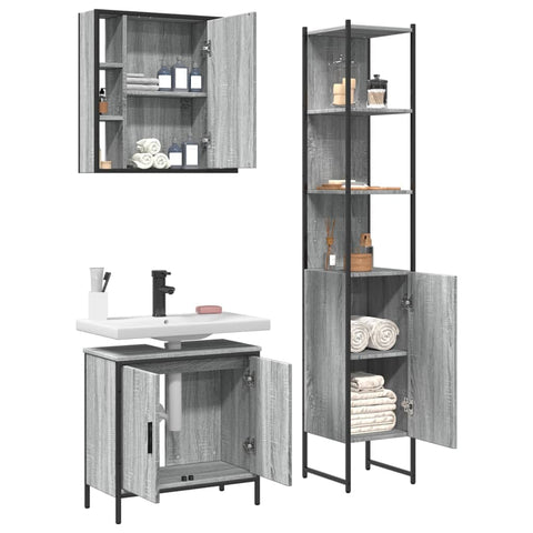 vidaXL 3 Piece Bathroom Cabinet Set Grey Sonoma Engineered Wood