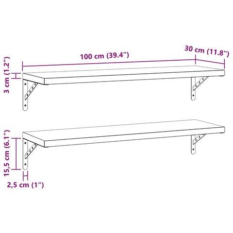 vidaXL Wall Shelves 2 pcs 100x30 cm Black Stainless Steel
