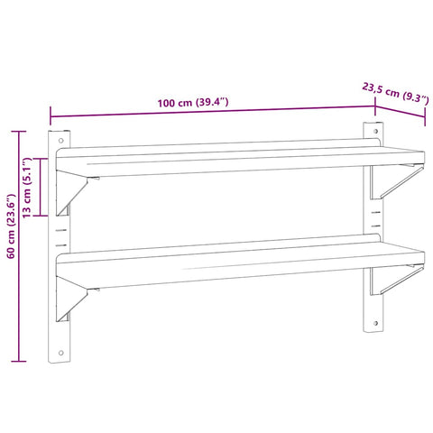 vidaXL 2-Tier Wall Shelf 100x23.5x60 cm Silver Stainless Steel