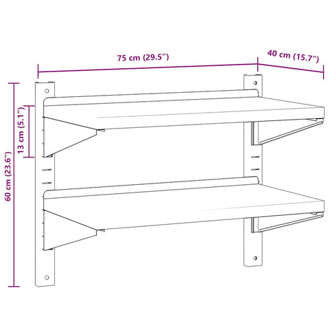 vidaXL 2-Tier Wall Shelf 75x40x60 cm Silver Stainless Steel