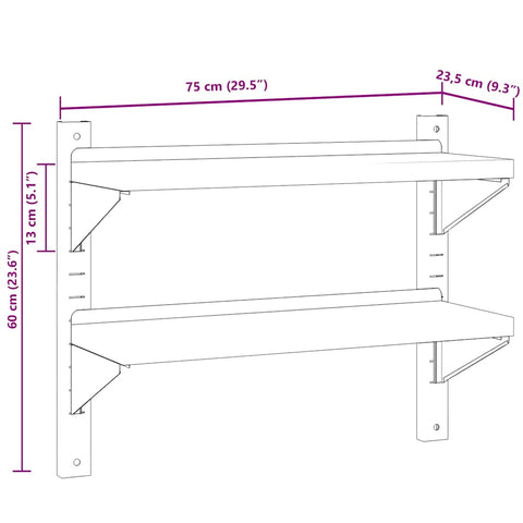 vidaXL 2-Tier Wall Shelf 75x23.5x60 cm Silver Stainless Steel
