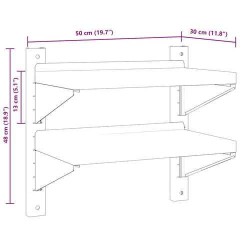 vidaXL 2-Tier Wall Shelf 50x30x48 cm Silver Stainless Steel