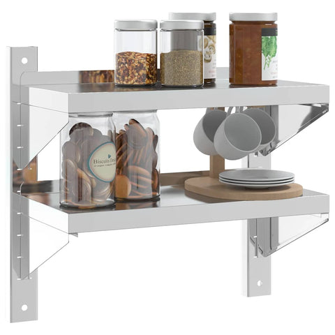 vidaXL 2-Tier Wall Shelf 50x23.5x48 cm Silver Stainless Steel