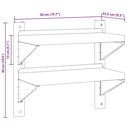 vidaXL 2-Tier Wall Shelf 50x23.5x48 cm Silver Stainless Steel