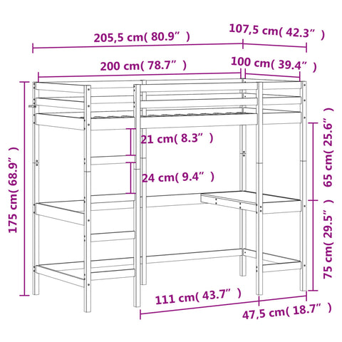 vidaXL Loft Bed without Mattress 100x200 cm Solid Wood Pine
