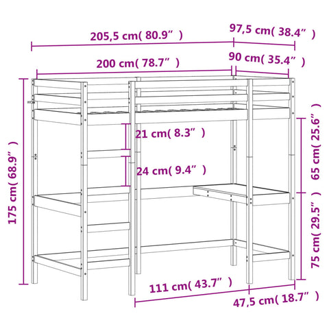 vidaXL Loft Bed without Mattress 90x200 cm Solid Wood Pine