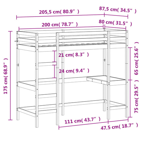 vidaXL Loft Bed without Mattress White 80x200 cm Solid Wood Pine