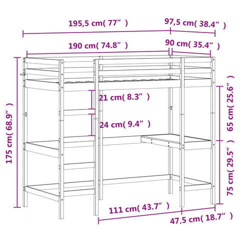 vidaXL Loft Bed without Mattress Wax Brown 90x190 cm Single Solid Wood Pine