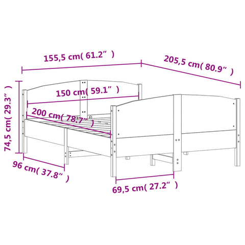 vidaXL Bed Frame without Mattress White 150x200 cm King Size Solid Wood Pine