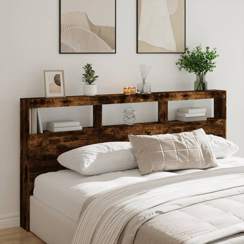 vidaXL Headboard Cabinet with LED Smoked Oak 200x17x102 cm