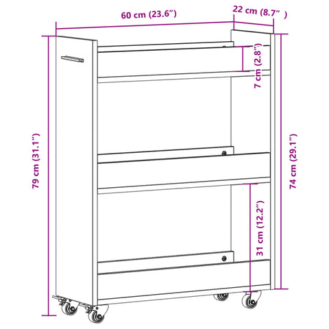 vidaXL Cabinet with Wheels Grey Sonoma 60x22x79 cm Engineered Wood