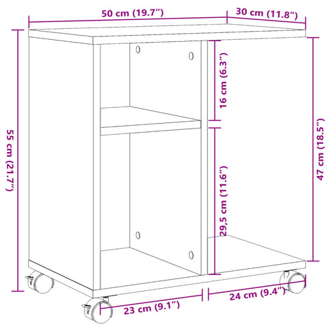 vidaXL Side Table with Wheels Smoked Oak 50x30x55 cm Engineered Wood
