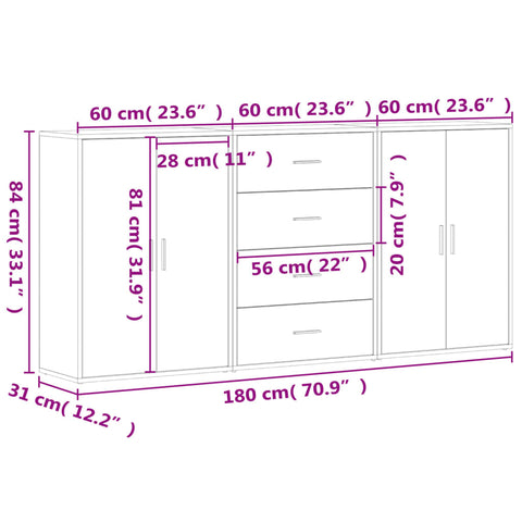 vidaXL Sideboards 3 pcs Smoked Oak 60x31x84 cm Engineered Wood