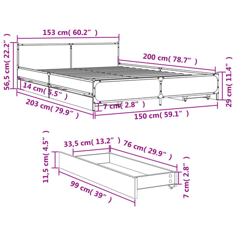 vidaXL Bed Frame with Drawers without Mattress Brown Oak 150x200 cm King Size