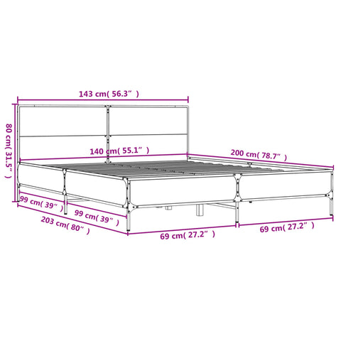 vidaXL Bed Frame without Mattress Grey Sonoma 140x200 cm