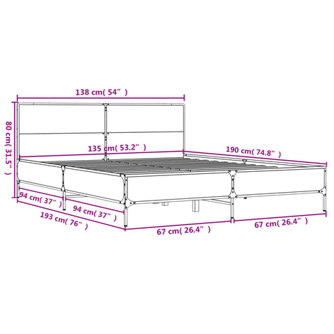vidaXL Bed Frame without Mattress Grey Sonoma 135x190 cm Double