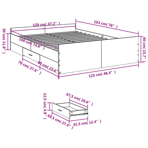 vidaXL Bed Frame with Drawers without Mattress Brown Oak 120x190 cm Small Double