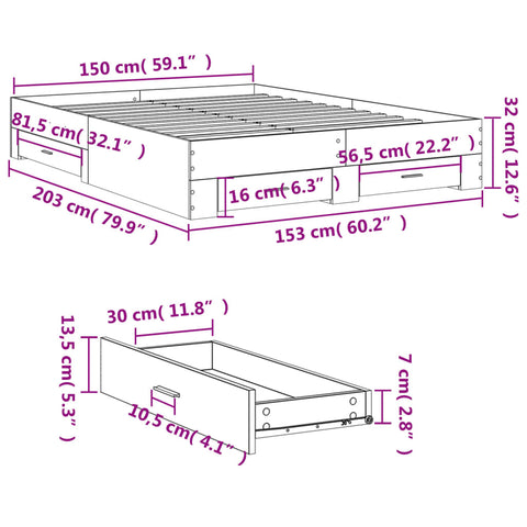 vidaXL Bed Frame with Drawers without Mattress Grey Sonoma 150x200 cm King Size